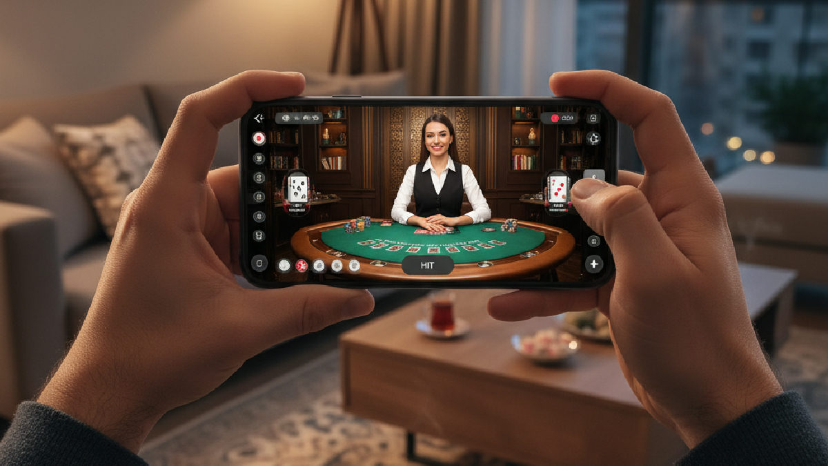 Mobil cihazından canlı casino oyunları oynayan bir kullanıcı