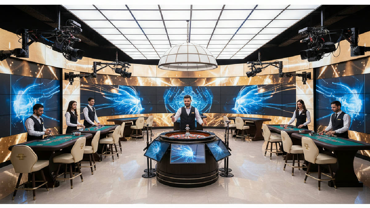 Farklı canlı krupiyeli casino oyunlarının yer aldığı modern bir stüdyo ortamı.